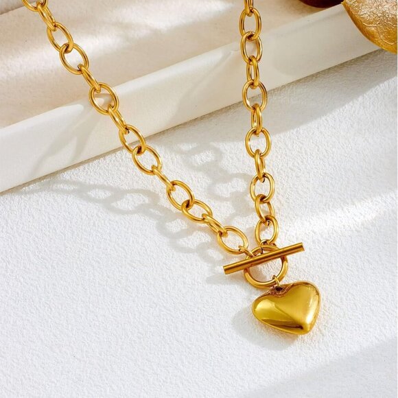 Retro Heart Charm Necklace, Chunky Thick Chain Necklaces with Puffy Heart Pendan - Picture 7 of 7